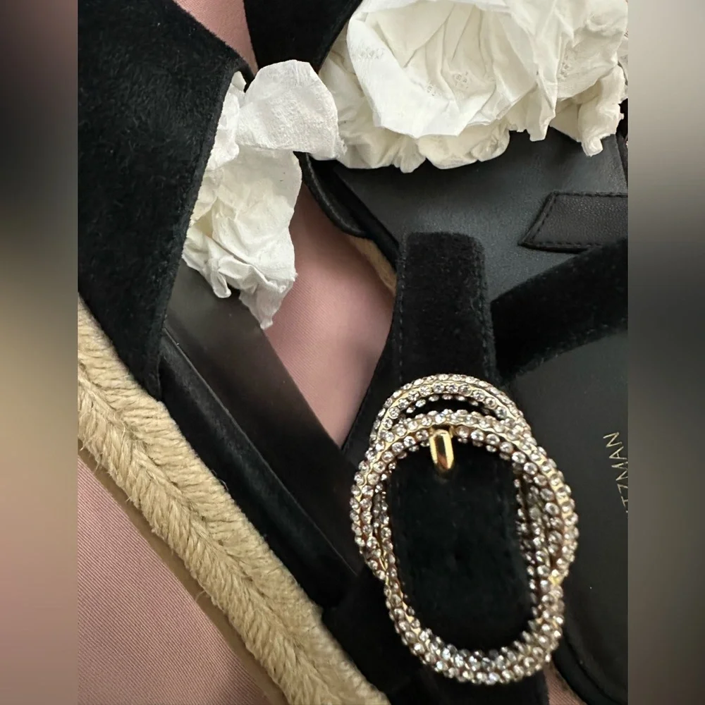 Stuart Weitzman Black Espadrille Slides with Crystals Buckle